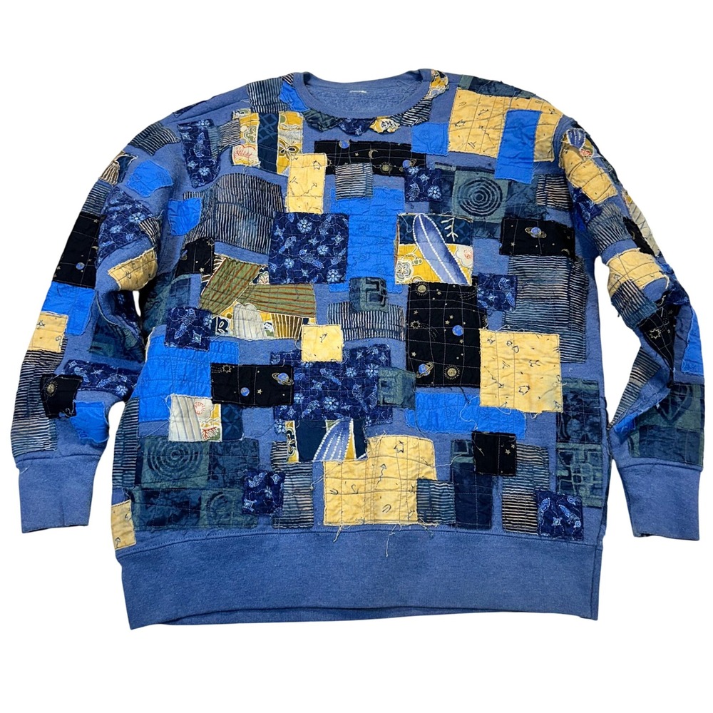 Unbranded Patchwork Sweatshirt Women Large Blue Celestial Boho‎ Art To Wear